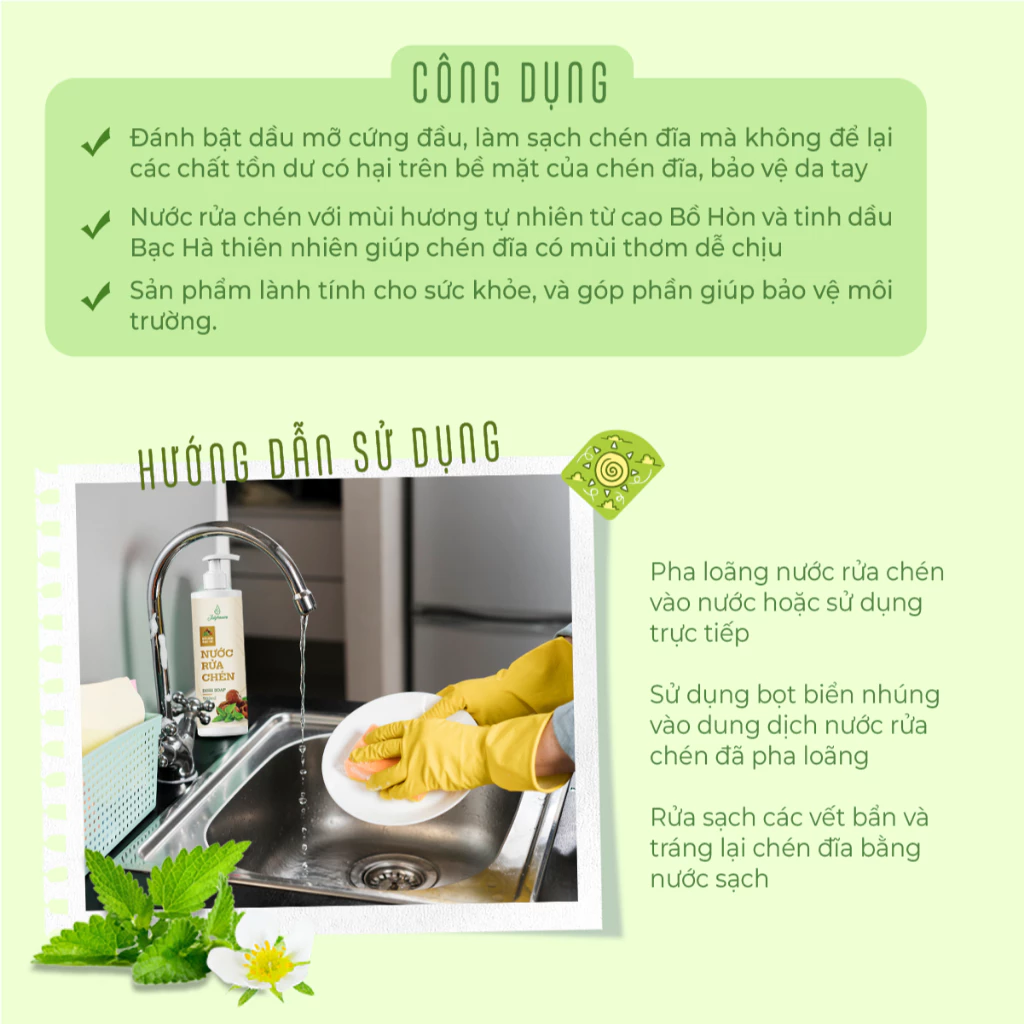 Nước rửa chén Julyhouse chiết xuất từ Bồ hòn và tinh dầu Bạc hà khử mùi, lành tính 500ml