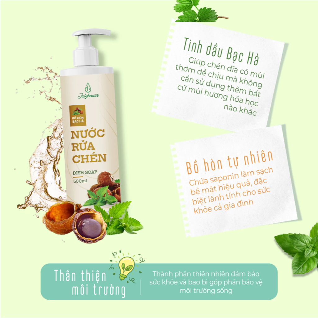 Nước rửa chén Julyhouse chiết xuất từ Bồ hòn và tinh dầu Bạc hà khử mùi, lành tính 500ml