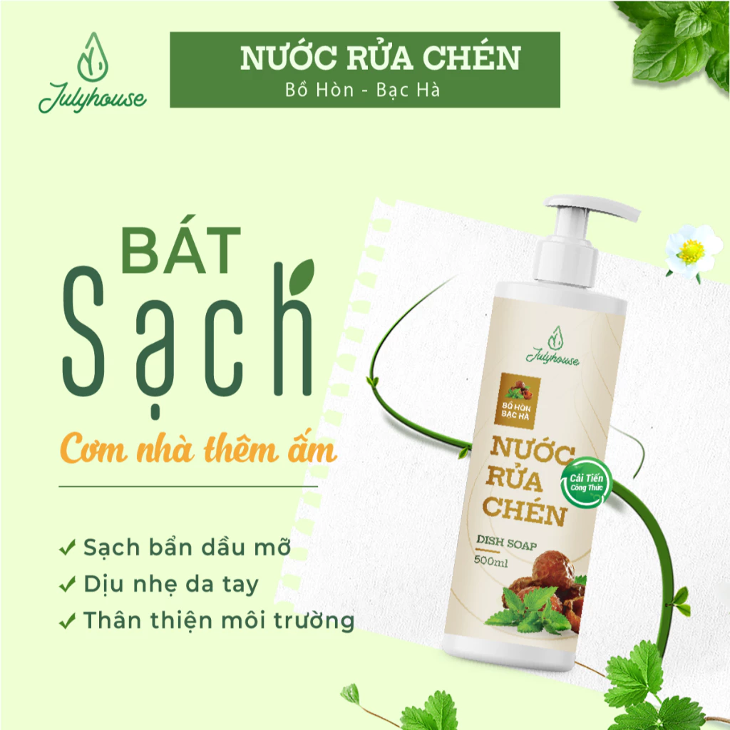 Nước rửa chén Julyhouse chiết xuất từ Bồ hòn và tinh dầu Bạc hà khử mùi, lành tính 500ml